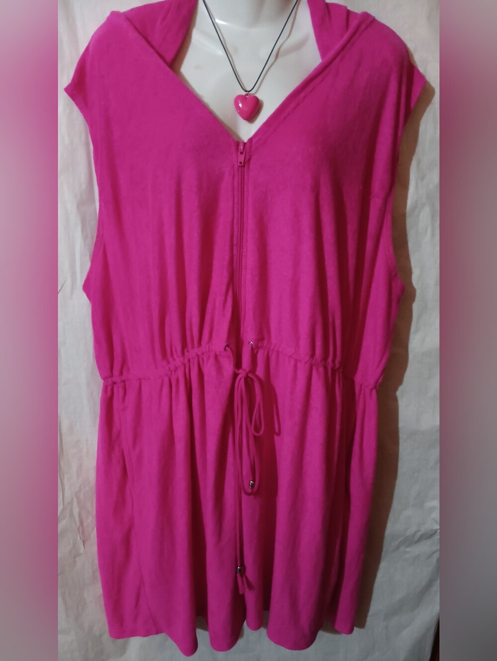 Hot Pink Hooded One-Piece Zip Up Dress with Drawstring